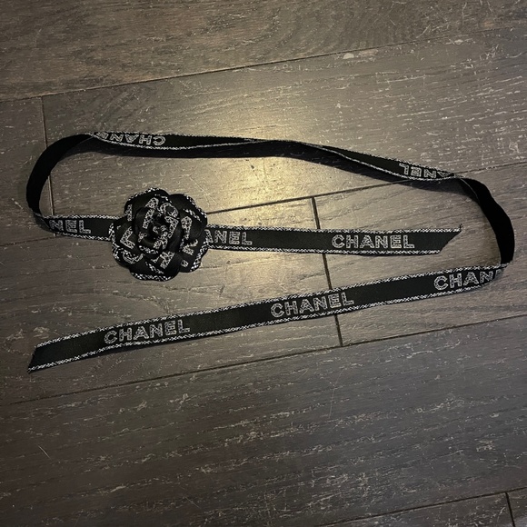 CHANEL Accessories - CHANEL RARE Find Limited Edition Blue black gold Ribbon with camellia flower